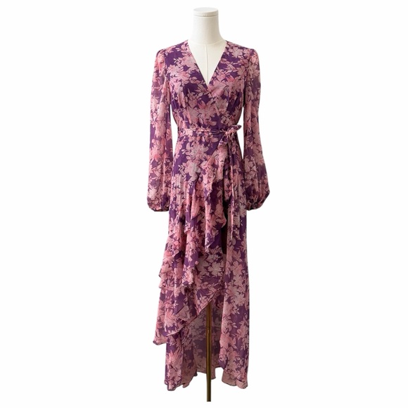 Hutch Dresses & Skirts - Hutch Sadey Purple Floral Wrap Midi Dress High Low Wedding Guest XS NWT